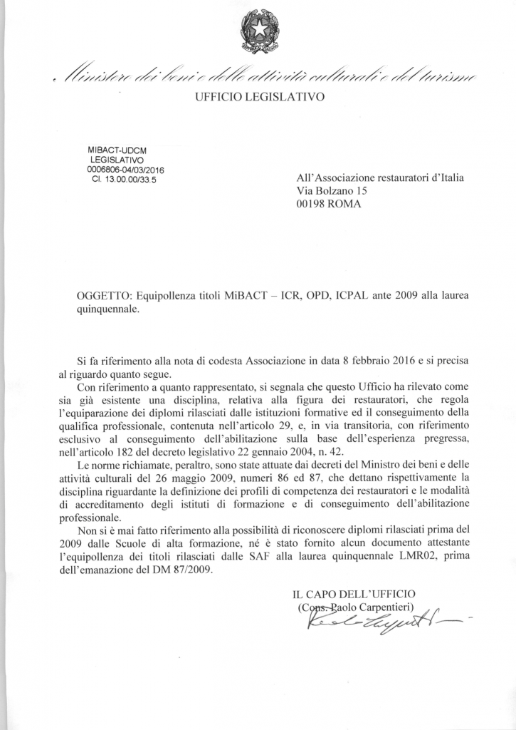 EQUIPOLLENZA TITOLI MIBACT - ICR, OPD E ICPAL ANTE 2009 ALLA LAUREA QUINQUENNALE